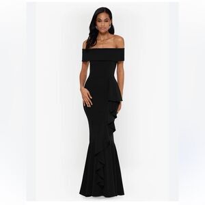 Betsy & Adam Petite CARINA LONG OFF THE SHOULDER RUFFLE DRESS NWT